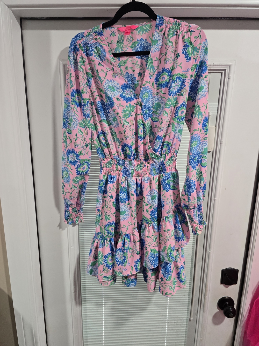 Lilly Pulitzer Pink Floral Shirred-Waist Long Sleeve Dress